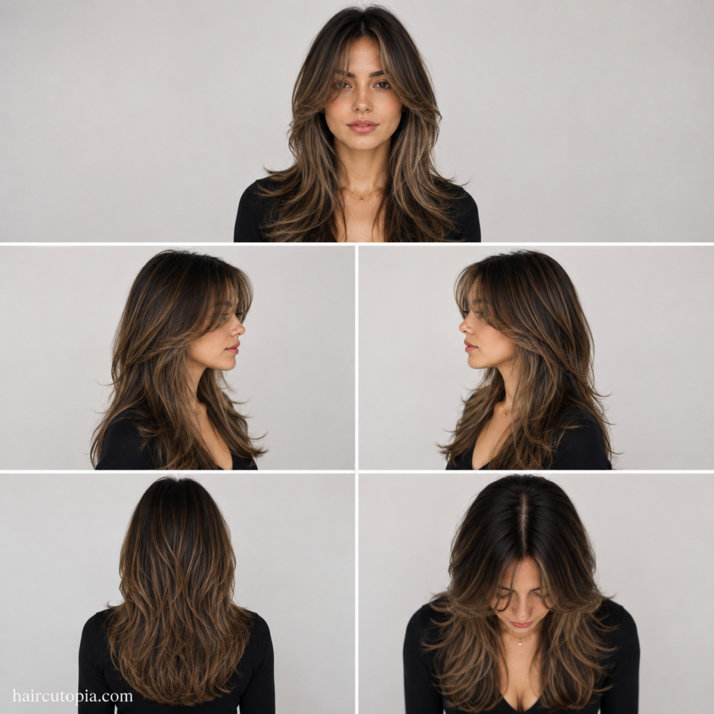 Five-view collage of a woman with long layered hair and curtain bangs showing the front, left side, right side, back, and top views of the haircut.