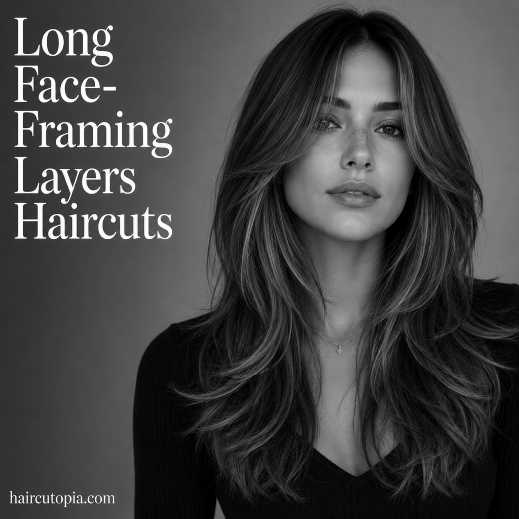 Woman with long face-framing layered hair in a black-and-white editorial portrait featuring soft, flowing layers.