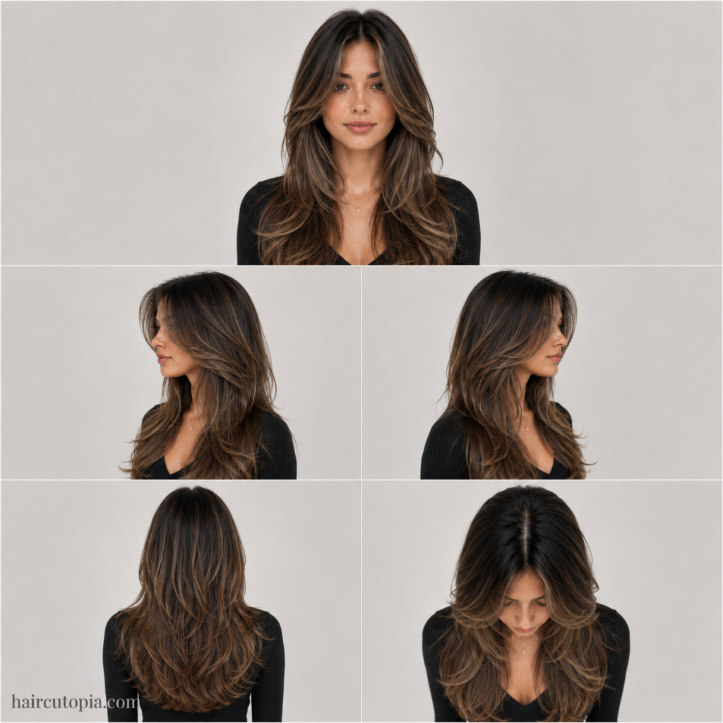 Five-view collage of a long face-framing layered haircut showing the front, left side, right side, back, and bird's-eye views.