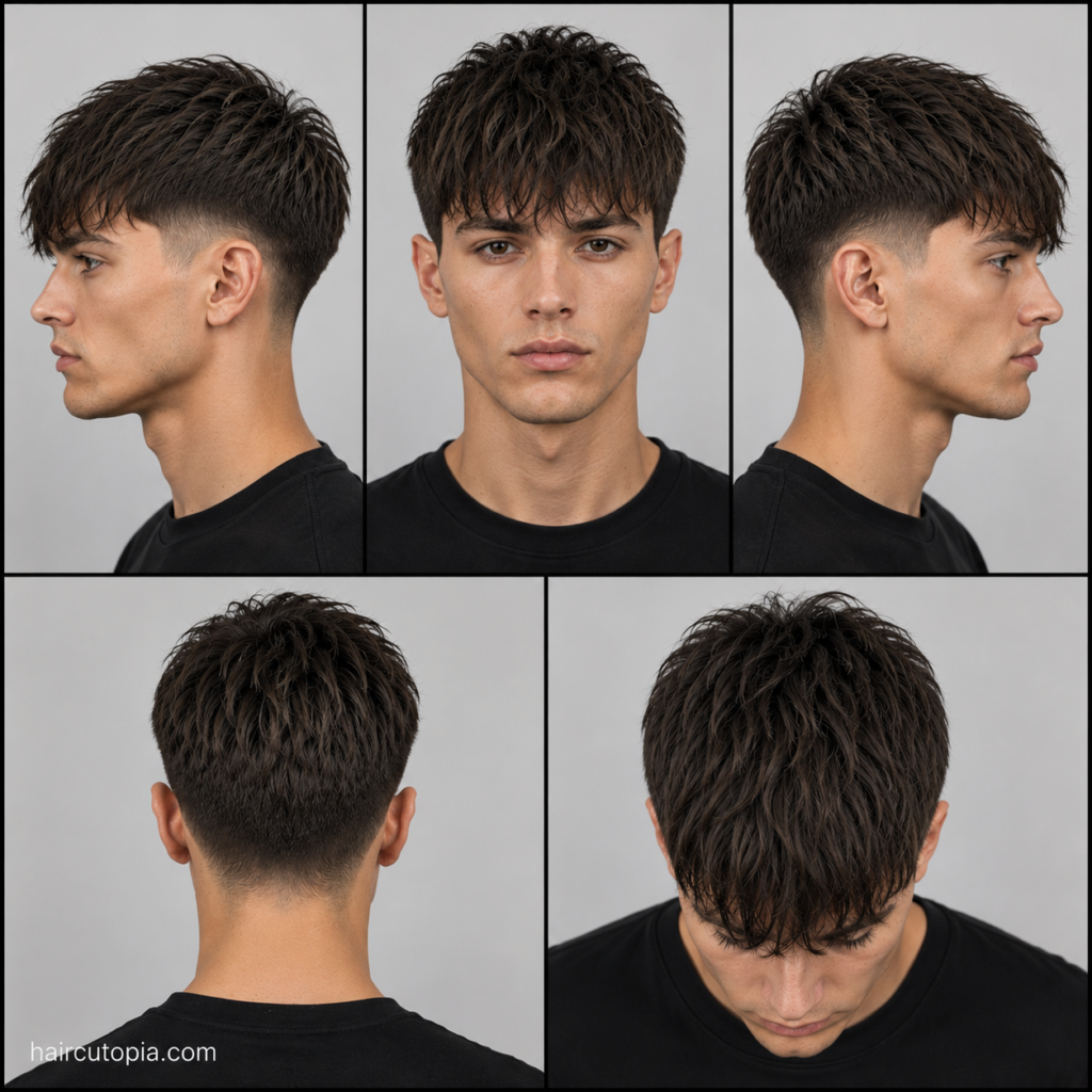 Five-view collage of a modern fringe haircut for long faces showing the front, left side, right side, back, and top views.