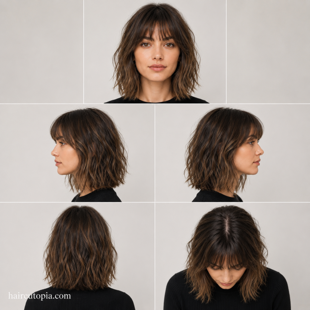 Long French bob haircut shown from the front, left side, right side, back, and top views