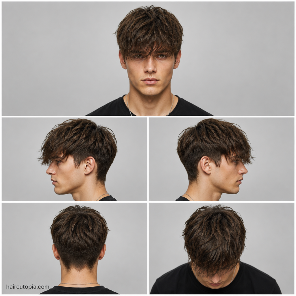 Five-view collage of a men's long fringe haircut showing the front, left side, right side, back, and top views with layered texture and tapered sides.