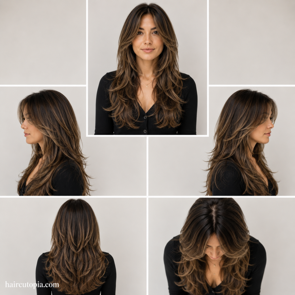 Five-panel collage showing a long layered haircut from the front, left side, right side, back, and top views.