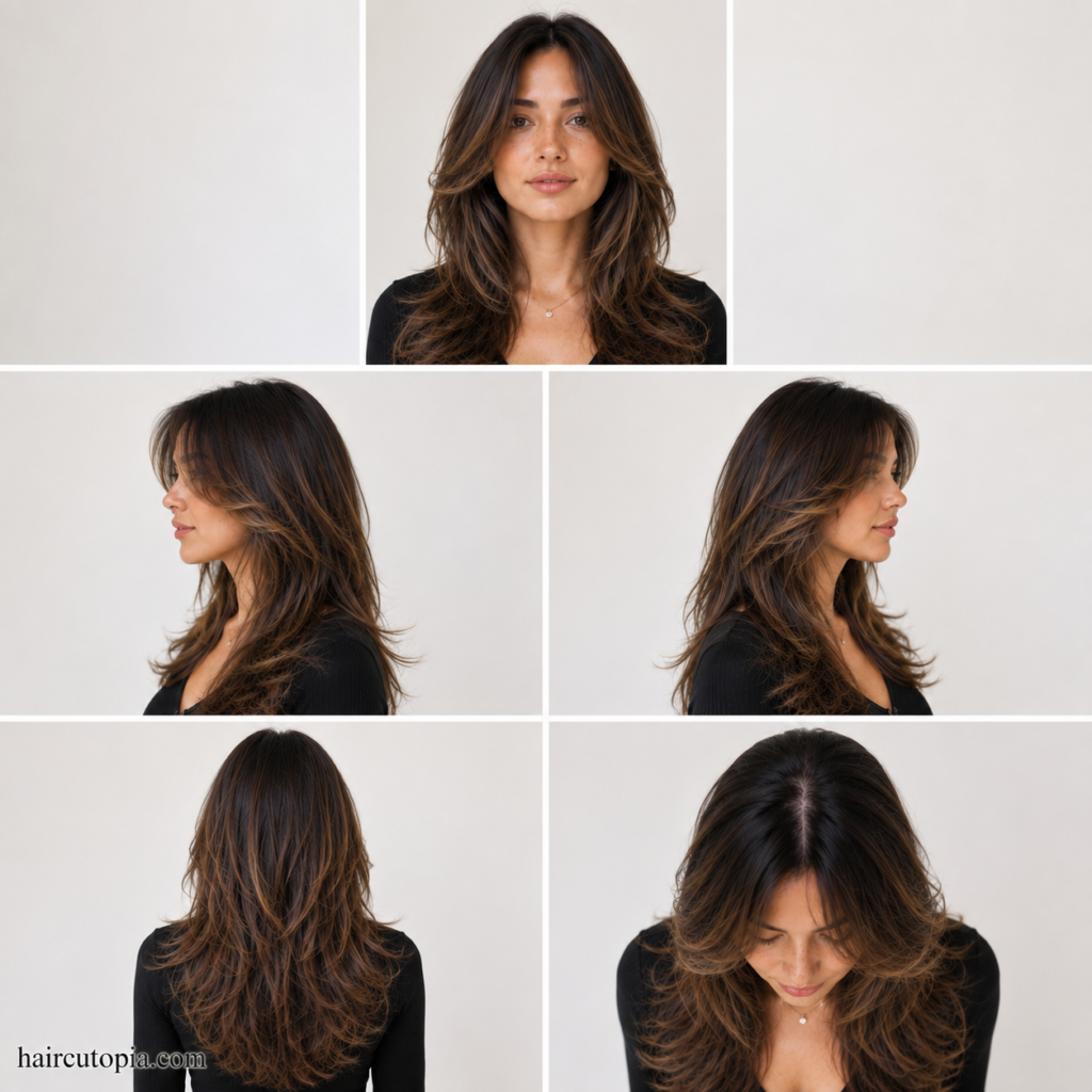 Long layers haircut shown from front, left side, right side, back, and top views