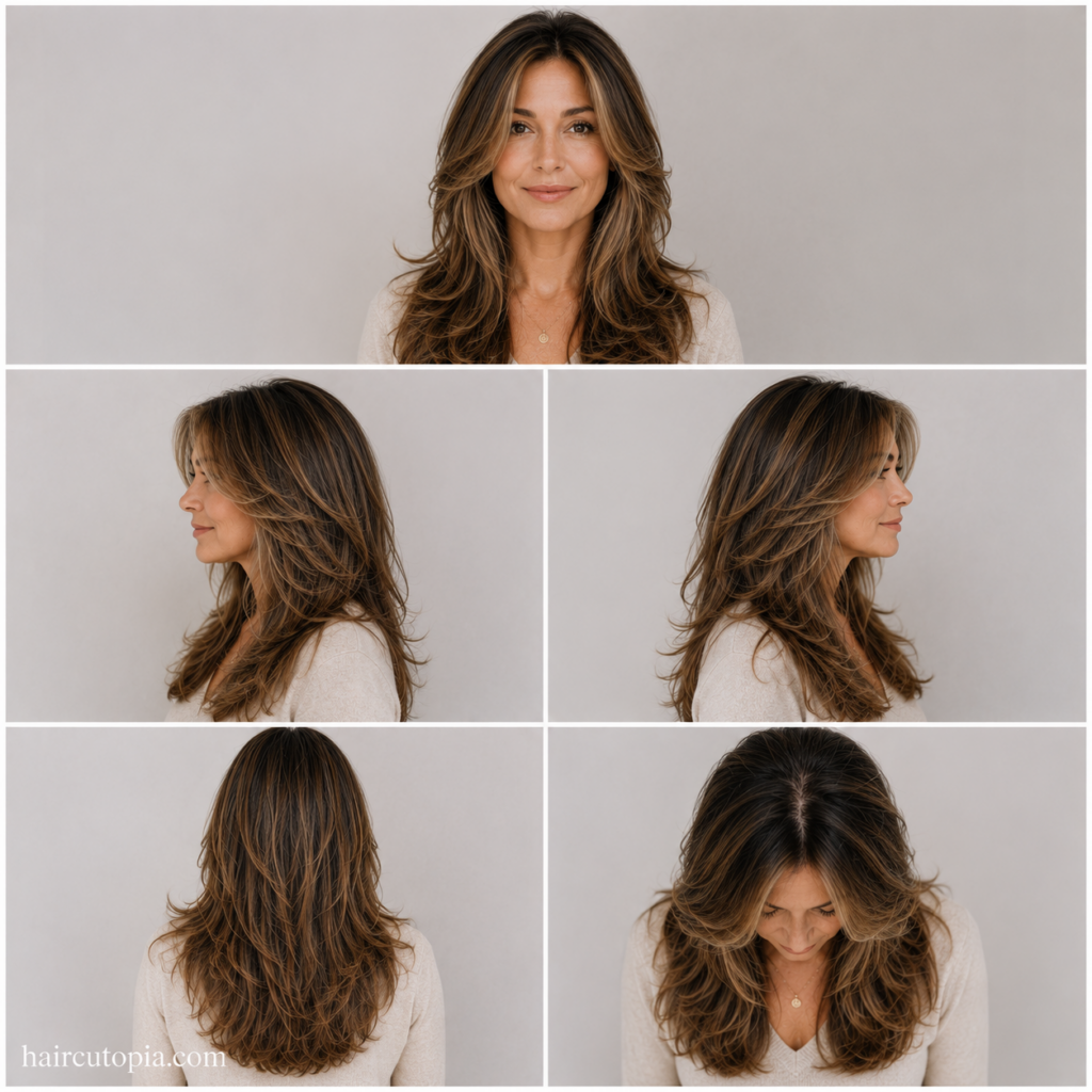 Five-view collage of a long layered haircut for busy moms showing the front, left side, right side, back, and top views.