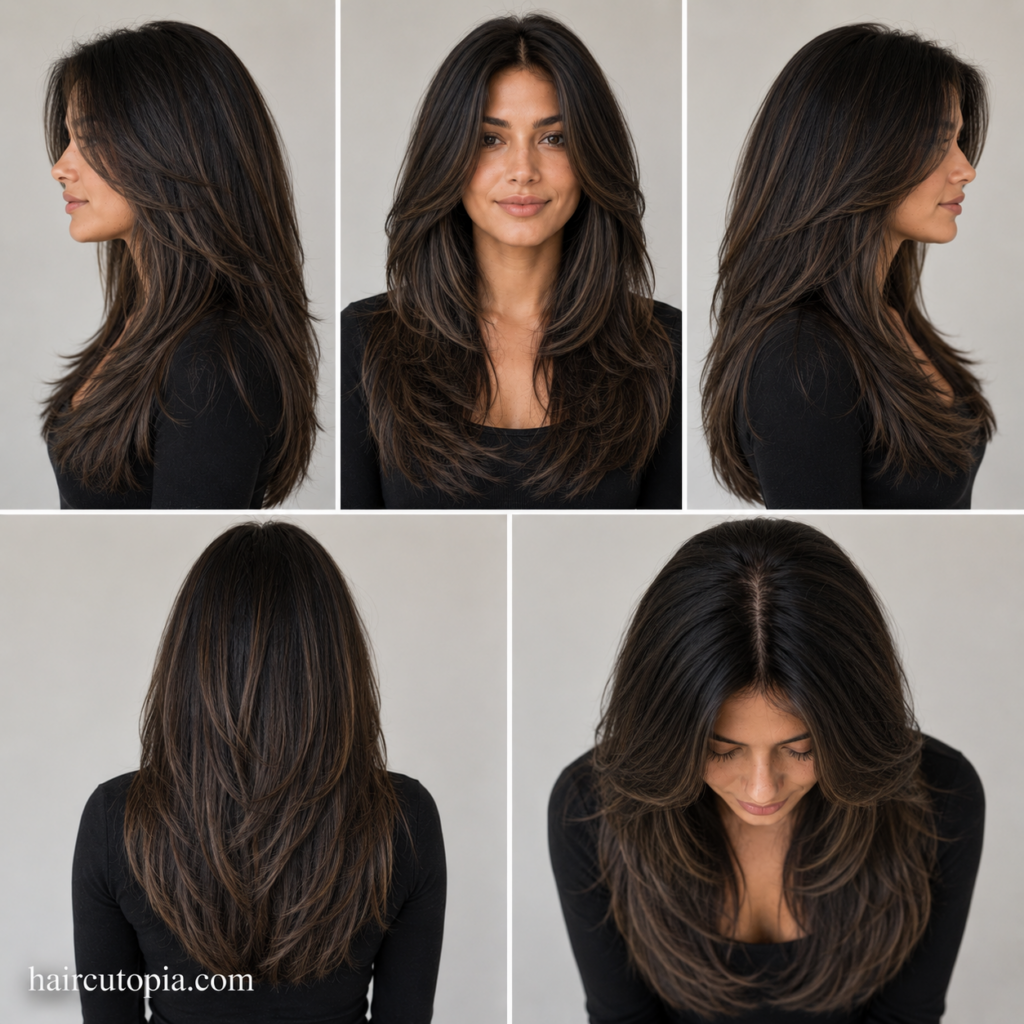 Five-panel hairstyle guide showing a long layered haircut for coarse hair from the front, left side, right side, back, and bird's-eye views.