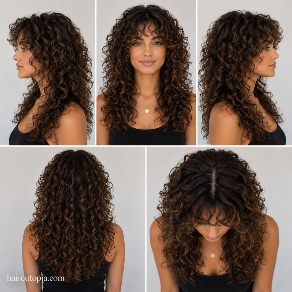 Five-panel hairstyle guide showing a long layered haircut for curly hair from the front, left side, right side, back, and bird's-eye views.