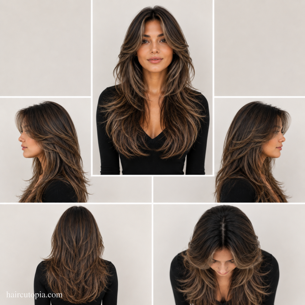 Five-panel hairstyle collage showing a woman with long layered hair for a diamond-shaped face from the front, left side, right side, back, and top views.