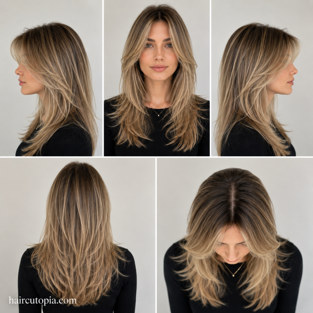 Five-panel hairstyle guide showing a long layered haircut for fine hair from the front, left side, right side, back, and bird's-eye views.