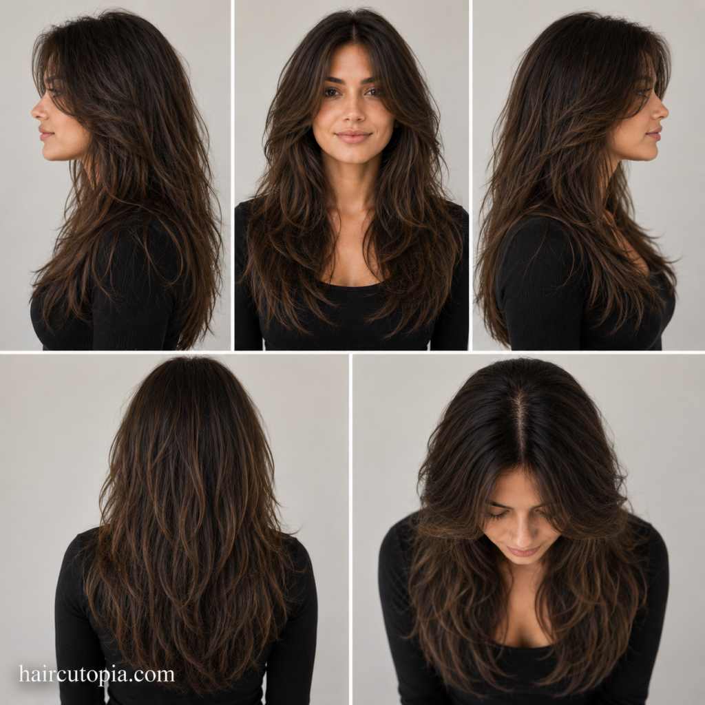 Five-panel hairstyle guide showing a long layered haircut for frizzy hair from the front, left side, right side, back, and bird's-eye views.