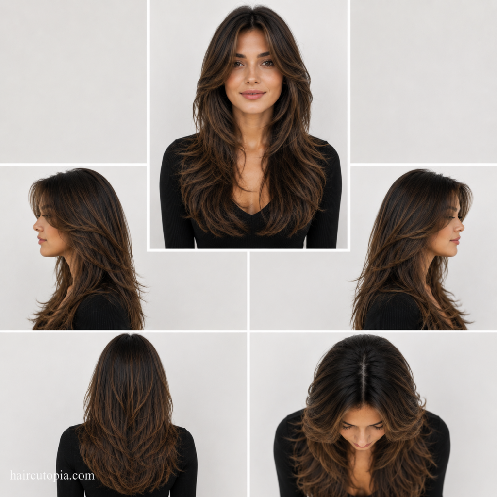 Five-panel hairstyle collage showing a woman with long layered hair for a heart-shaped face from the front, left side, right side, back, and top views.