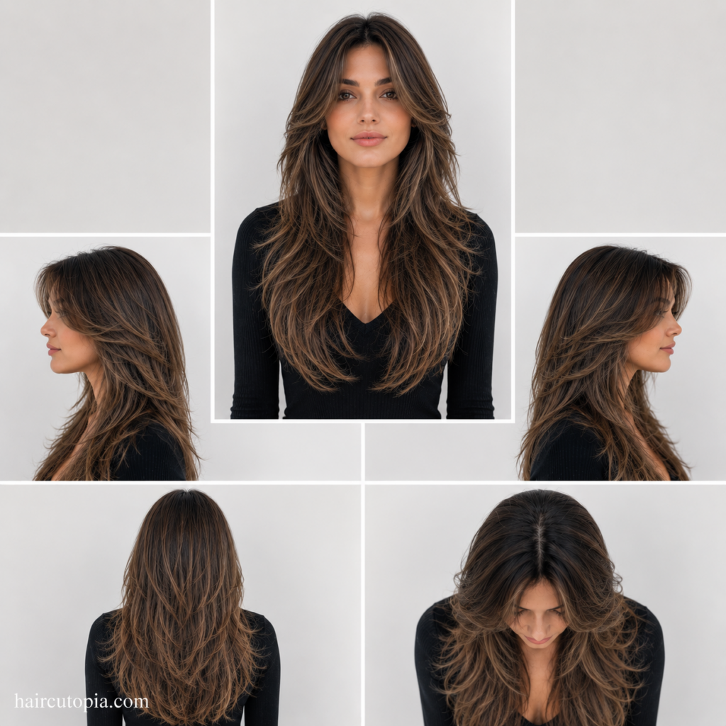 Five-panel hairstyle collage showing a woman with long layered hair for a long face from the front, left side, right side, back, and top views.