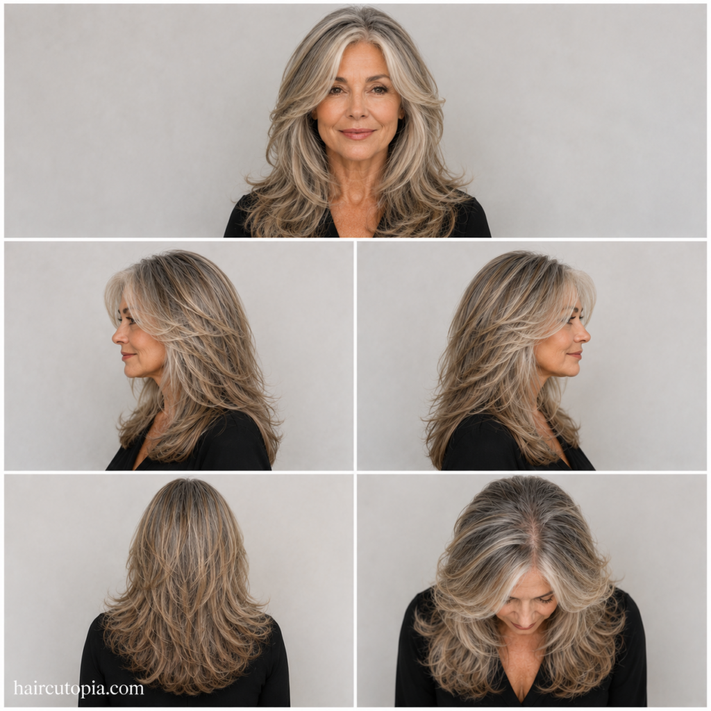 Five-view collage of a long layered haircut for older women showing the front, left side, right side, back, and top views.