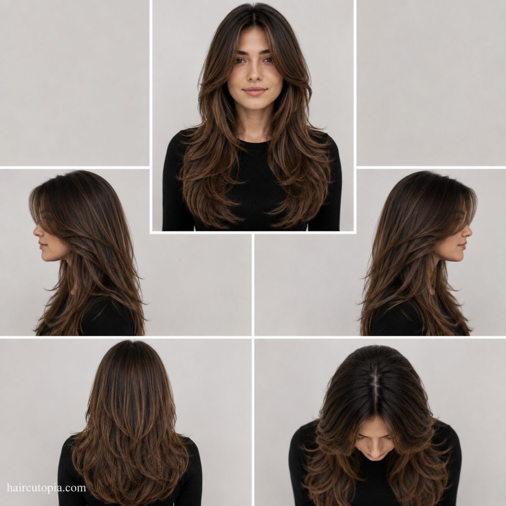 Five-panel hairstyle collage showing a woman with long layered hair for an oval face from the front, left side, right side, back, and top views.