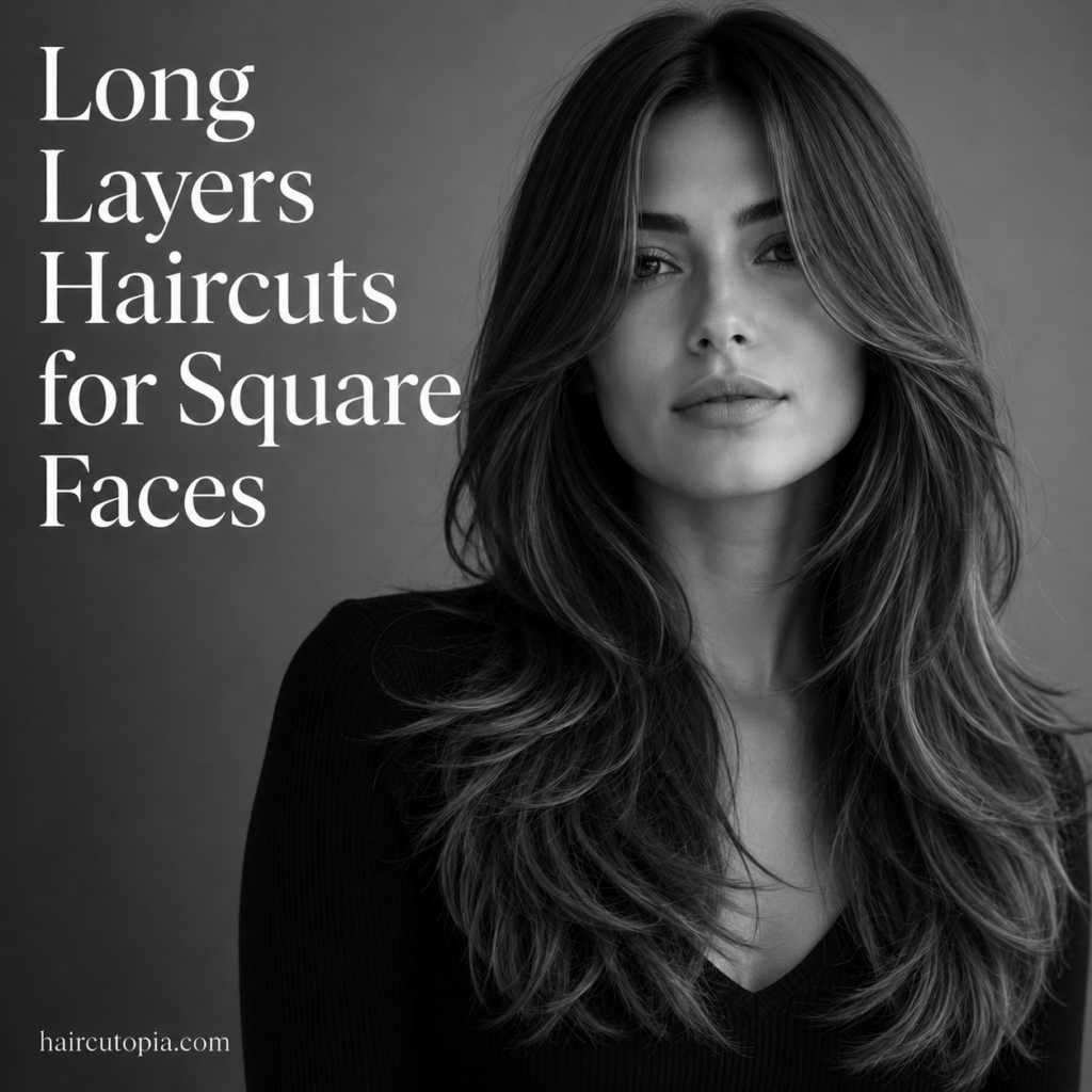Woman with long layered haircut styled for a square face in a black-and-white editorial portrait.