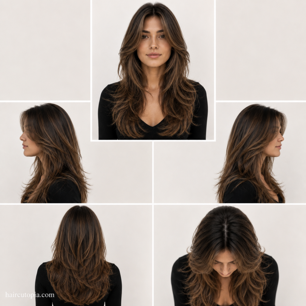 Five-panel hairstyle collage showing a woman with long layered hair for a square face from the front, left side, right side, back, and top views.