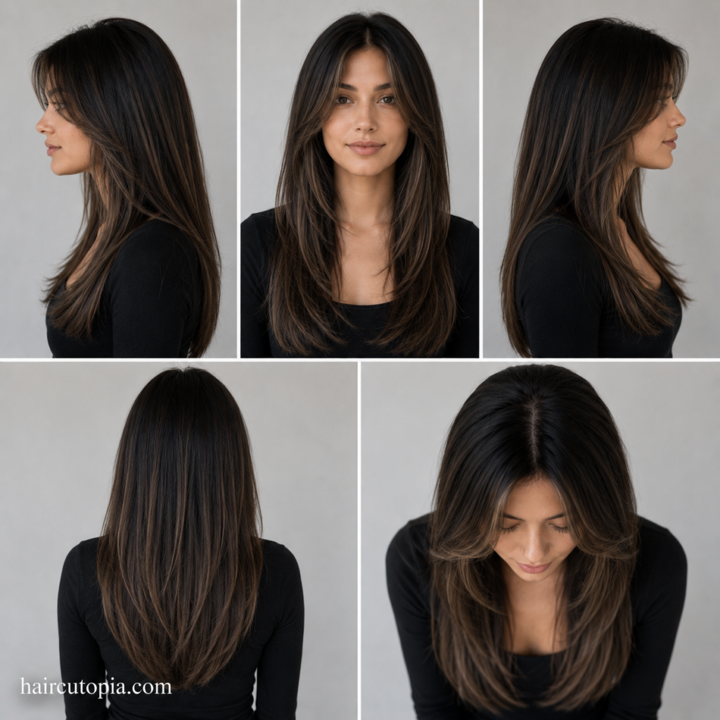 Five-panel hairstyle guide showing a long layered haircut for straight hair from the front, left side, right side, back, and bird's-eye views.