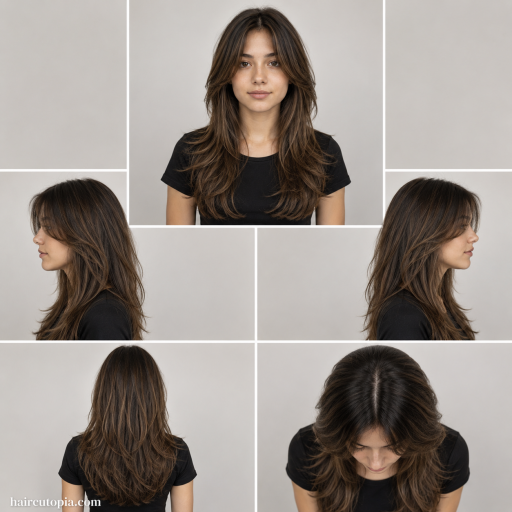 Five-panel collage showing a long layered haircut for teen girls from the front, left side, right side, back, and top bird's-eye views.
