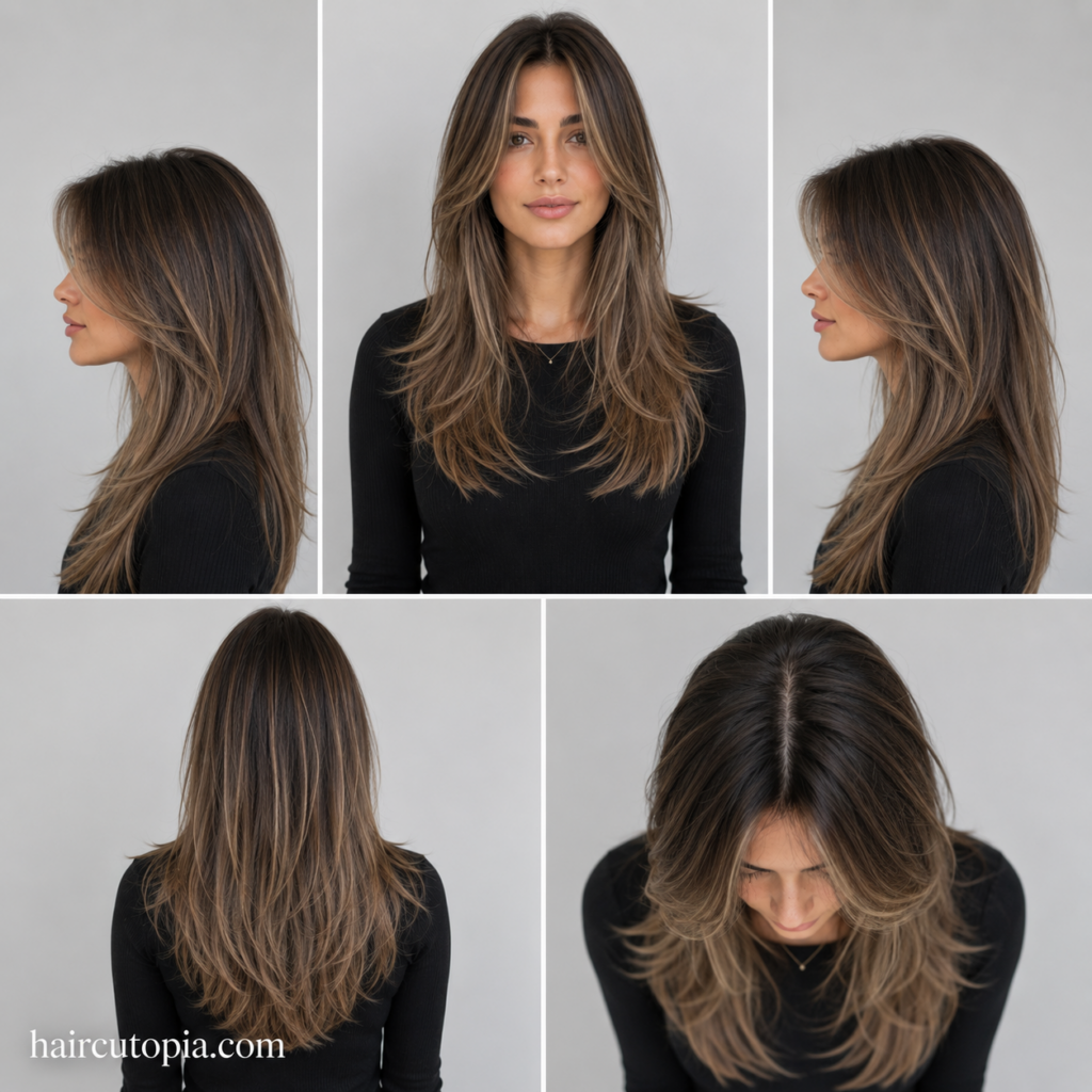 Five-panel hairstyle guide showing a long layered haircut for thin hair from the front, left side, right side, back, and bird's-eye views.