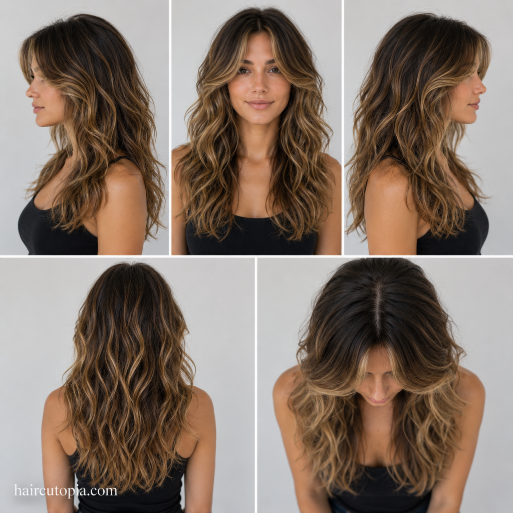 Five-panel hairstyle guide showing a long layered haircut for wavy hair from the front, left side, right side, back, and bird's-eye views.