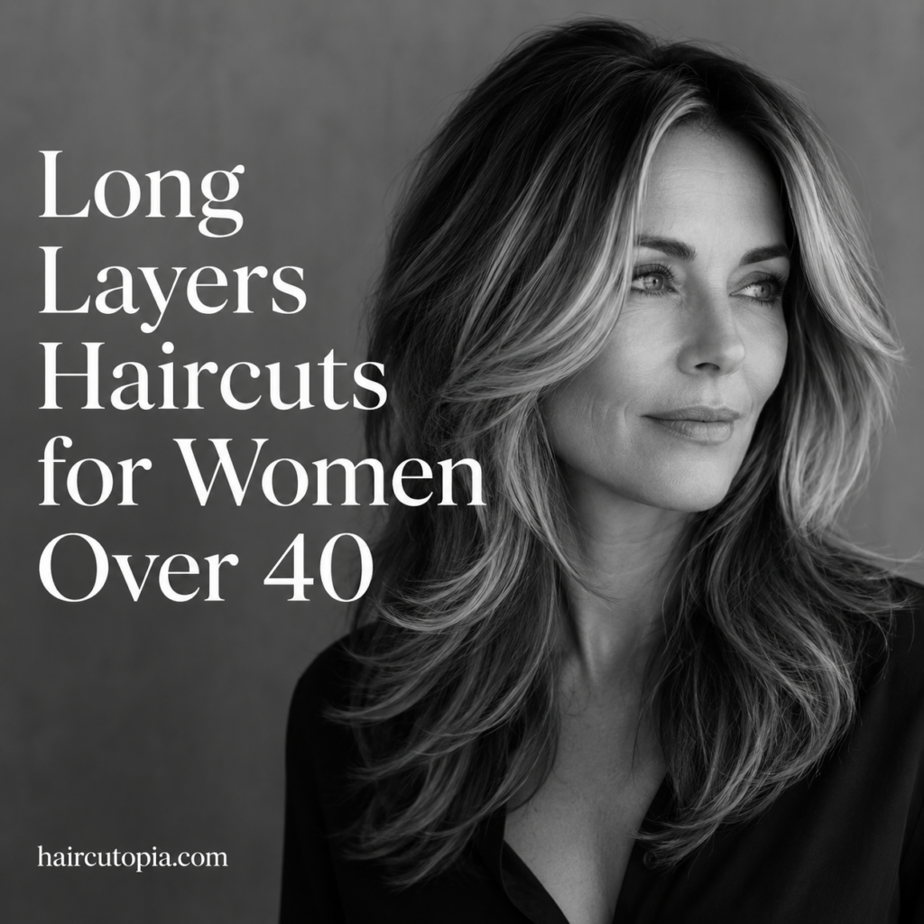 Long layers haircut for women over 40 with soft face-framing layers in a black and white editorial portrait.