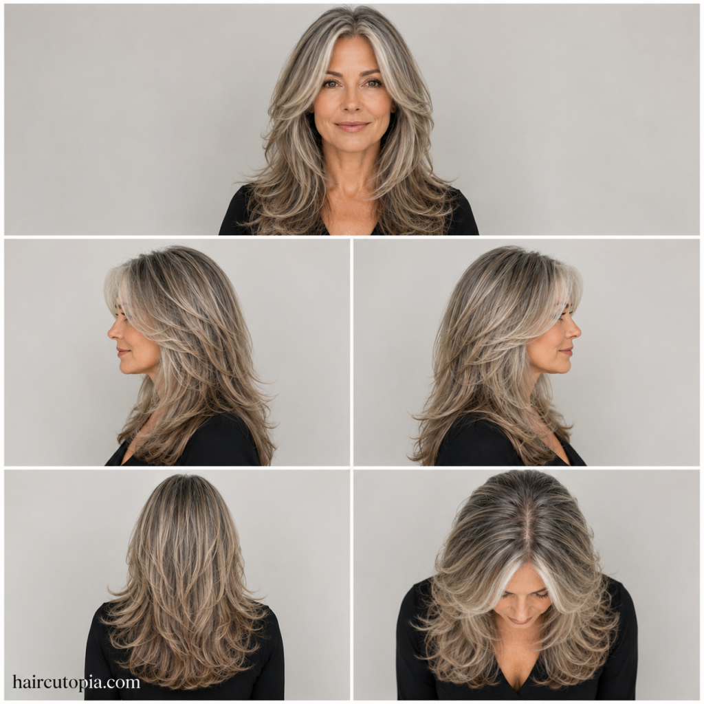 Five-view collage of a long layered haircut for women over 50 showing the front, left side, right side, back, and top views.