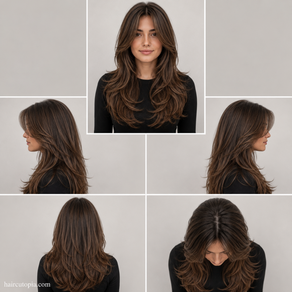 Five-panel hairstyle collage showing a woman with long layered hair for a round face from the front, left side, right side, back, and top views.