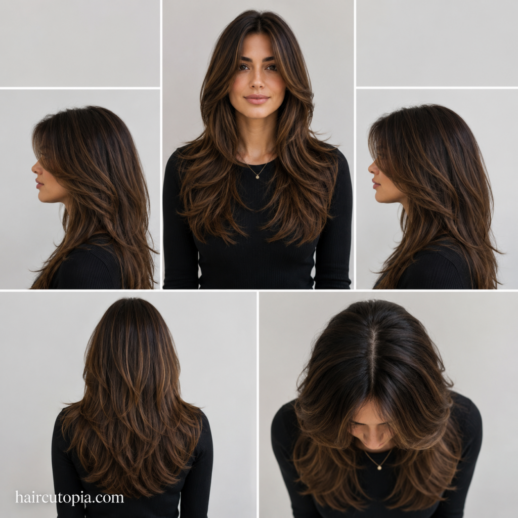 Five-panel hairstyle guide showing a long layered haircut for thick hair from the front, left side, right side, back, and bird's-eye views.