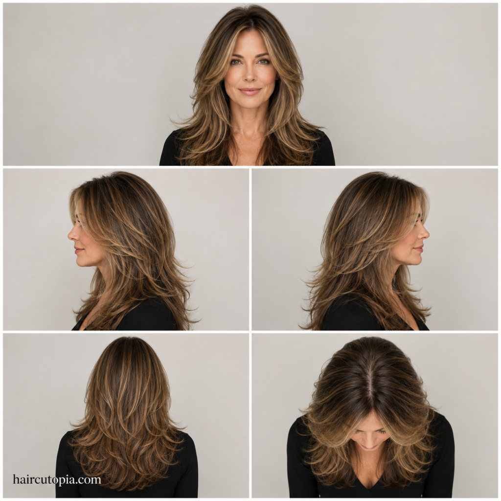 Five-view collage of a long layered haircut for women over 40 showing the front, left side, right side, back, and top views.