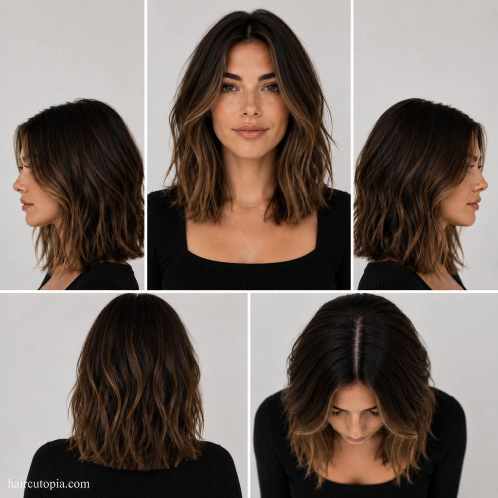 Five-view collage of a long lob haircut showing the front, left side, right side, back, and top views of a textured collarbone-length hairstyle.