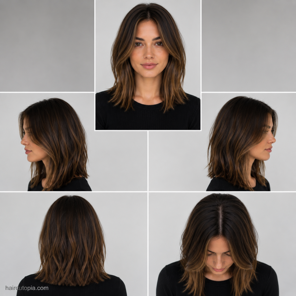 Five-view collage of a long long bob haircut showing the front, left side, right side, back, and top views.