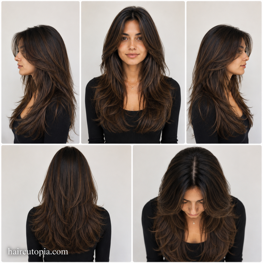 Five-panel collage of a woman's long long layers haircut showing the front, left side, right side, back, and bird's-eye views.