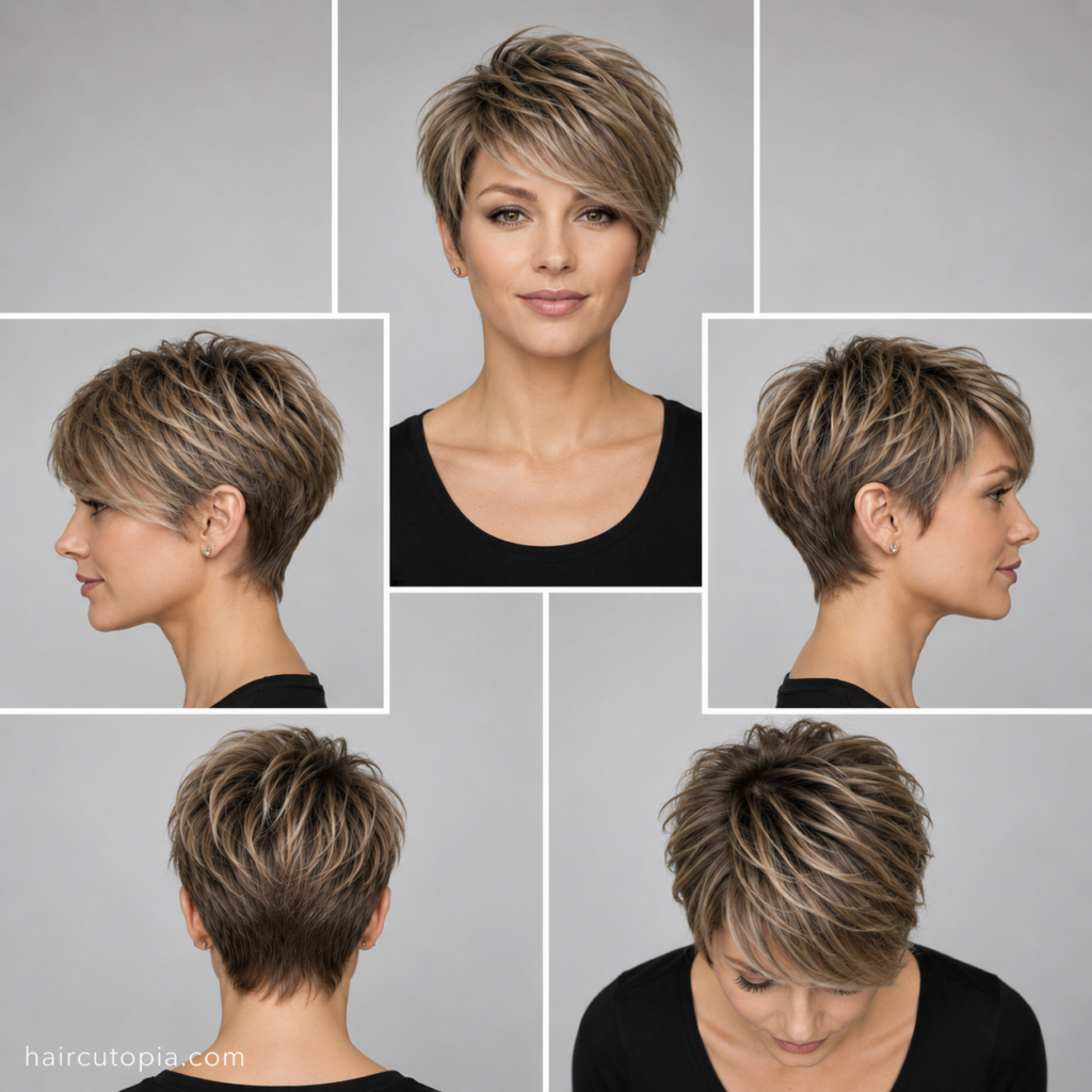 Five-panel collage showing a long long pixie haircut from the front, left side, right side, back, and top views, highlighting longer layered texture, a side-swept fringe, and a softly tapered back.