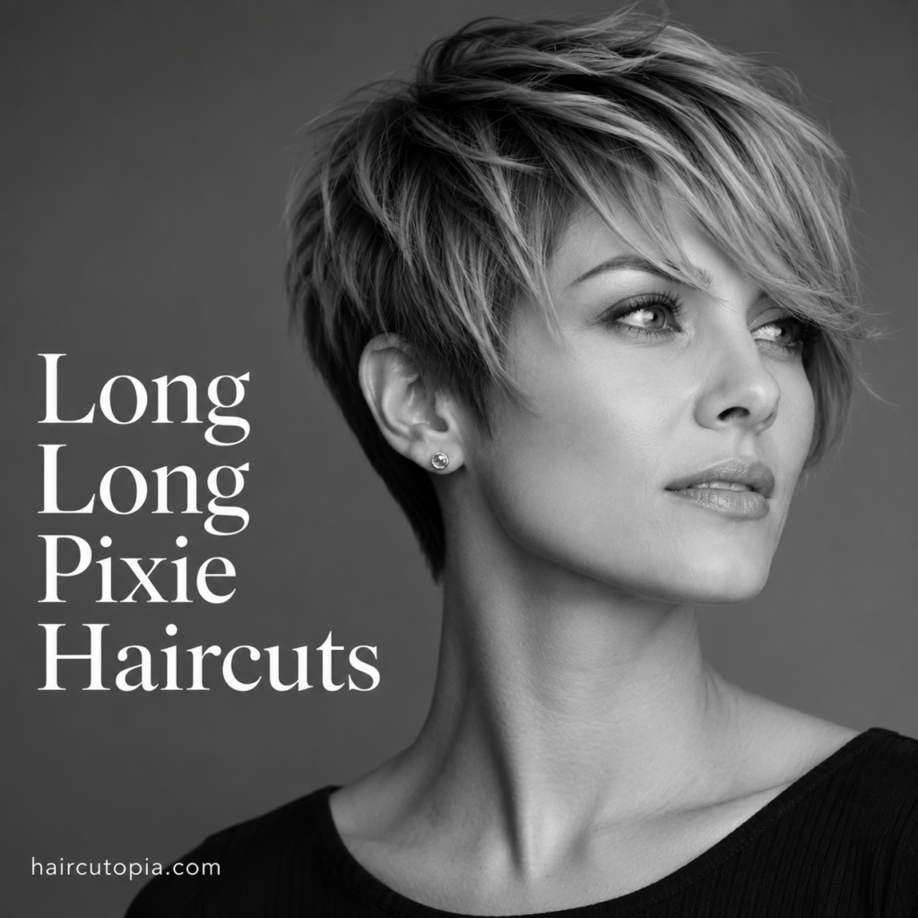 Woman with a long long pixie haircut featuring extended side-swept layers, a textured crown, and a softly tapered back in a black-and-white editorial portrait.