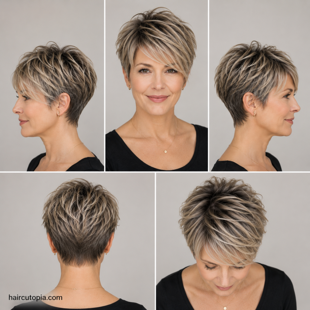Long pixie haircut for busy moms shown from the front, side, back, and top views.