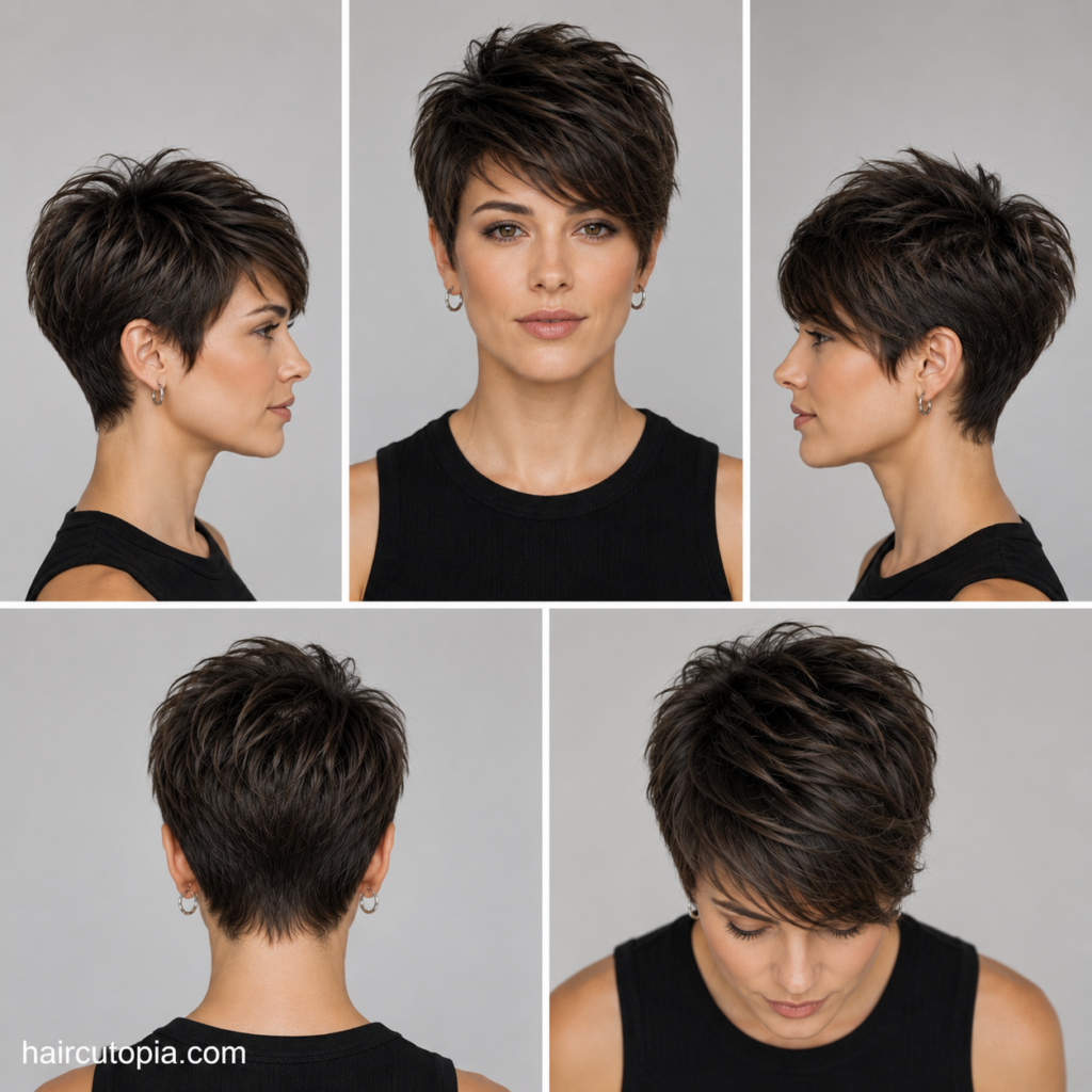 Long pixie haircut for coarse hair shown from the front, left side, right side, back, and top views.
