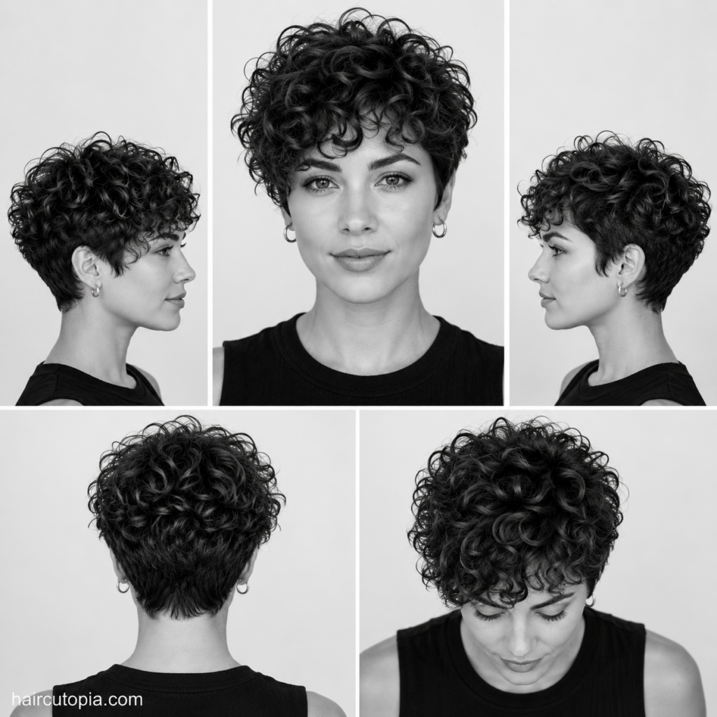 Long pixie haircut for curly hair shown from the front, left side, right side, back, and top views.