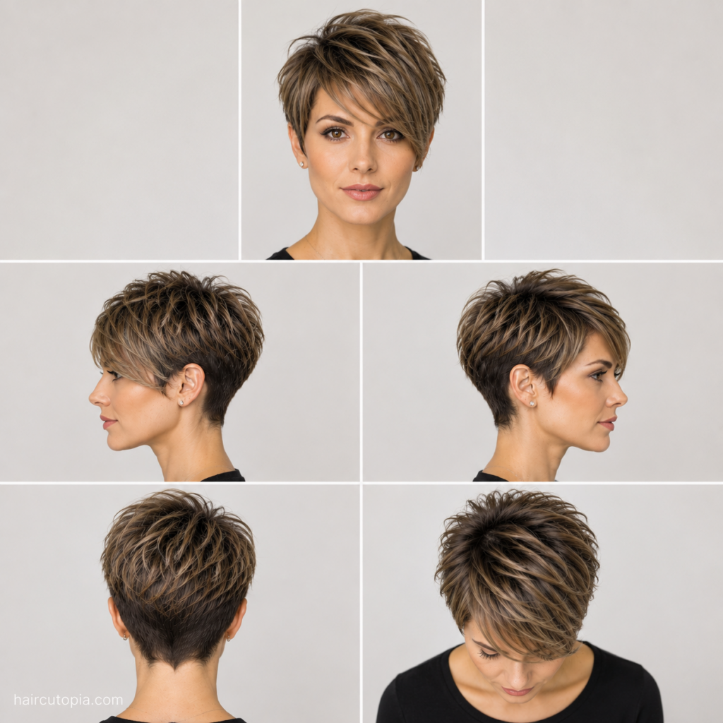 Five-view collage of a long pixie haircut for a diamond-shaped face showing the front, left side, right side, back, and top views.