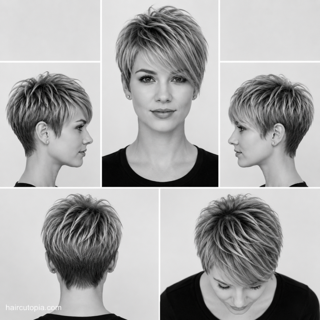 Long pixie haircut for fine hair shown from the front, left side, right side, back, and top views.