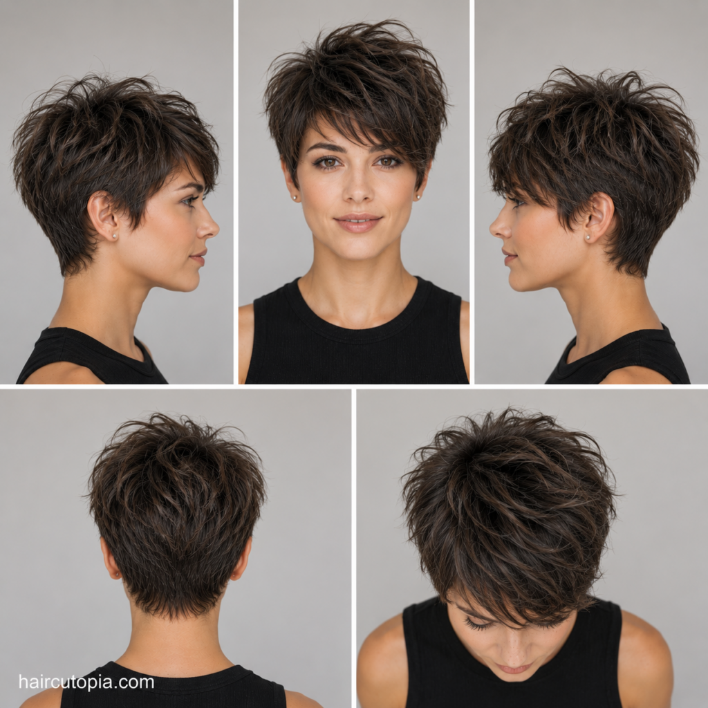 Long pixie haircut for frizzy hair shown from the front, left side, right side, back, and top views.