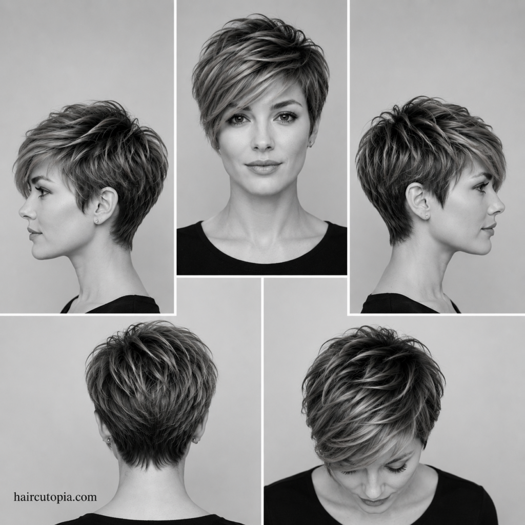 Long pixie haircut shown from the front, left side, right side, back, and top views