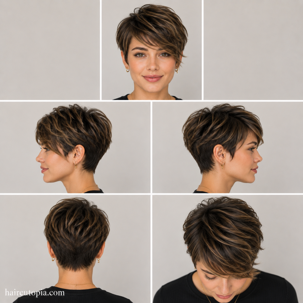 Long pixie haircut shown from front, left side, right side, back, and top views