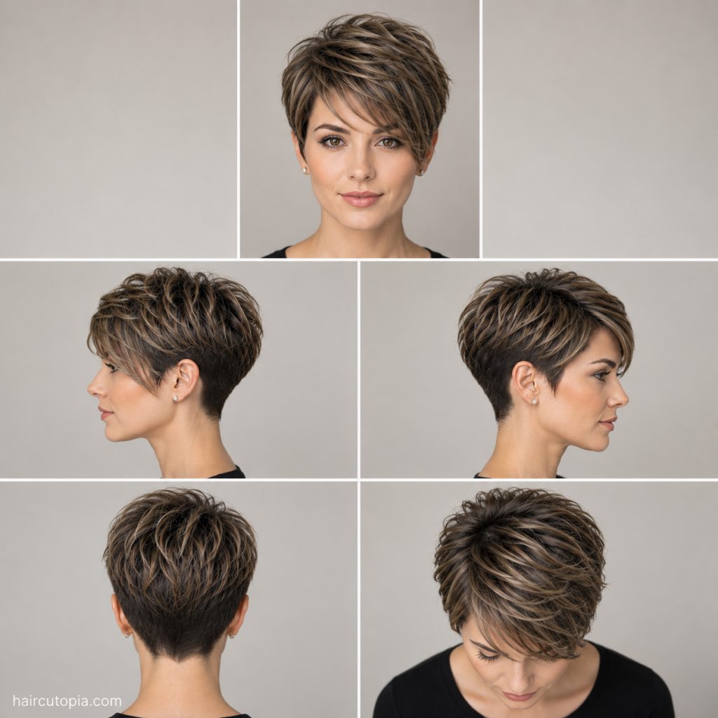 Five-view collage of a long pixie haircut for a heart-shaped face showing the front, left side, right side, back, and top views.