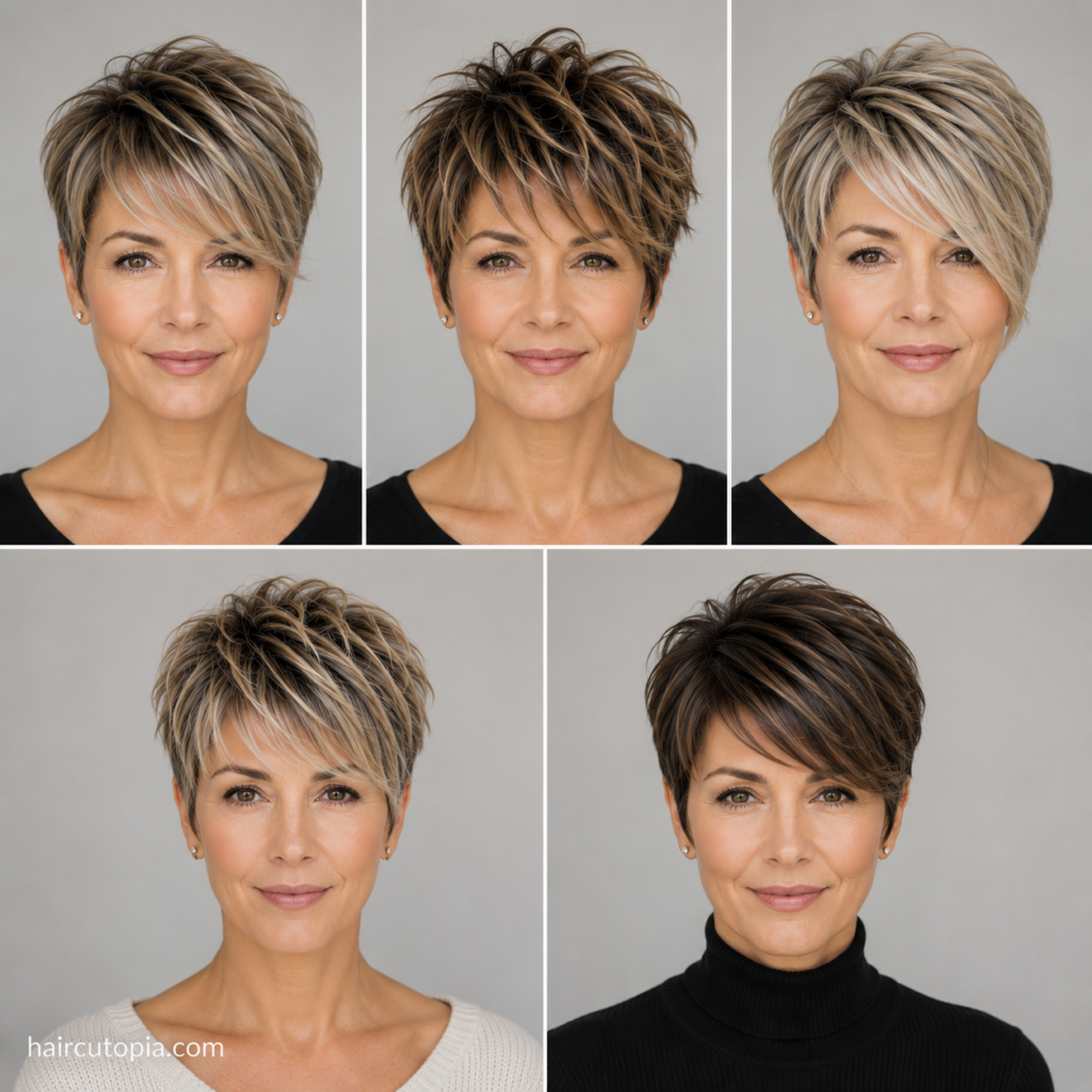 Five long pixie haircut ideas shown from the front with layered, textured, side-swept, voluminous, and sleek styles.