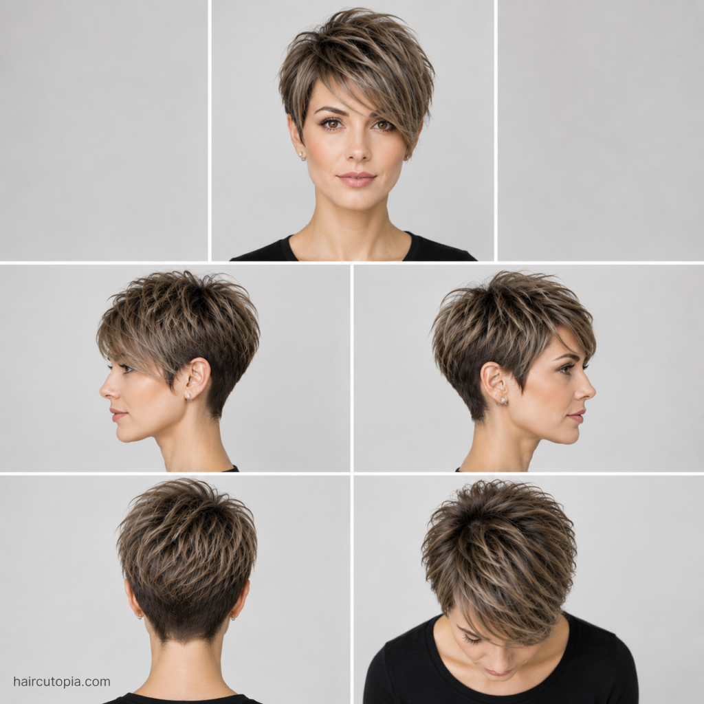 Five-view collage of a long pixie haircut for a long face showing the front, left side, right side, back, and top views.