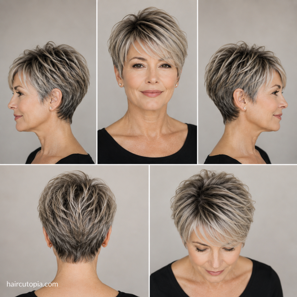 Long pixie haircut for older women shown from the front, side, back, and top views.