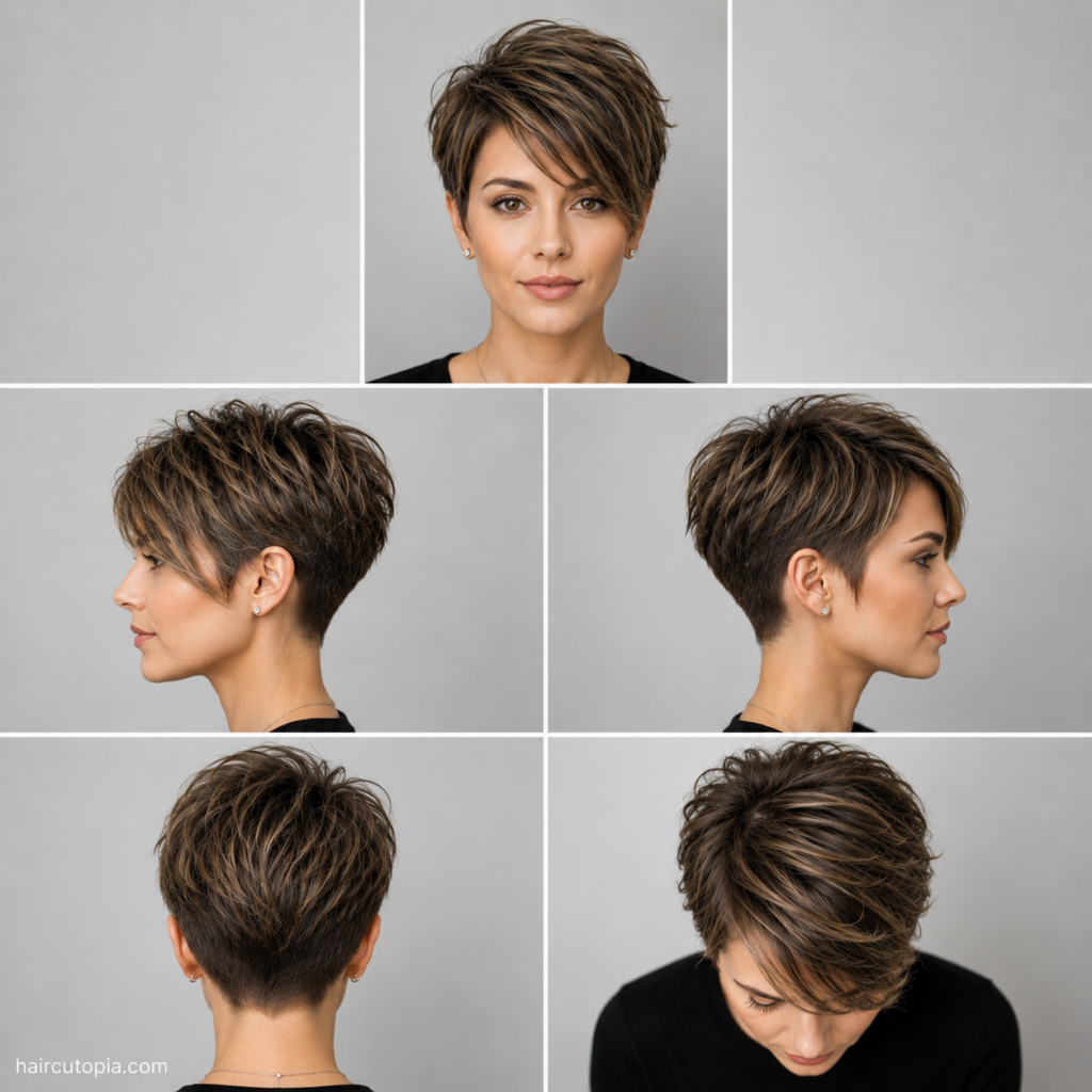 Five-view collage of a long pixie haircut for an oval face showing the front, left side, right side, back, and top views.