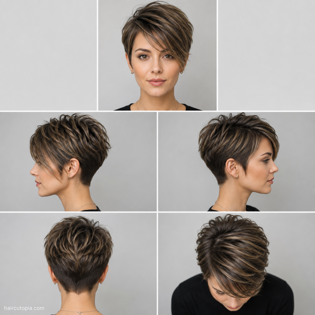 Five-view collage of a long pixie haircut for a round face showing the front, left side, right side, back, and top views.