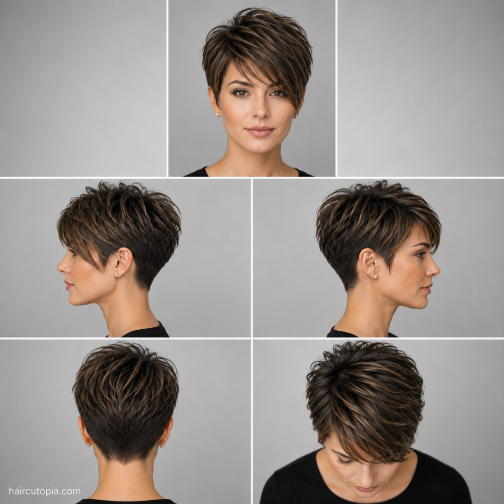Five-view collage of a long pixie haircut for a square face showing the front, left side, right side, back, and top views.