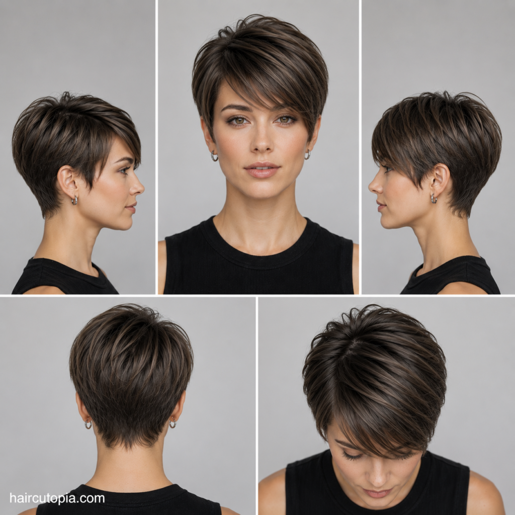 Long pixie haircut for straight hair shown from the front, left side, right side, back, and top views.